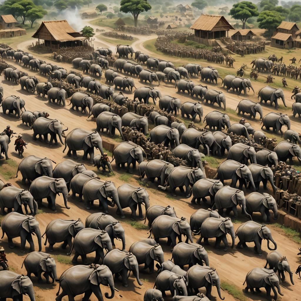 Battle Elephants Attack a Village
