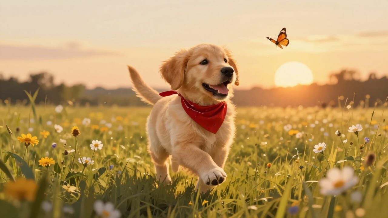 Golden Retriever Puppy in Wildflower Field at Sunset