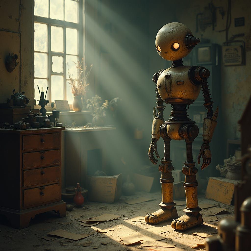 Vintage Robot in Dusty Attic Scene