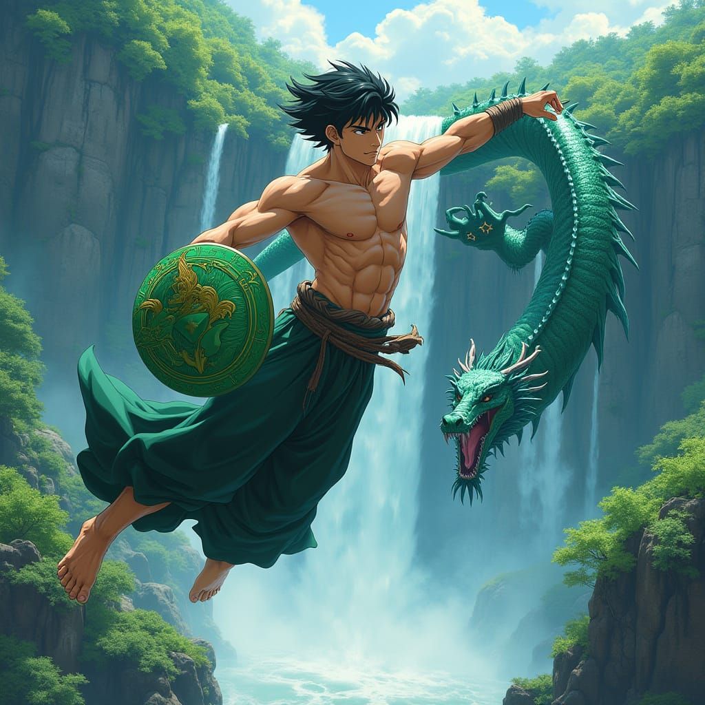 Majestic Dragon Shiryū in Flight, Green Shield and Dragon Ta...