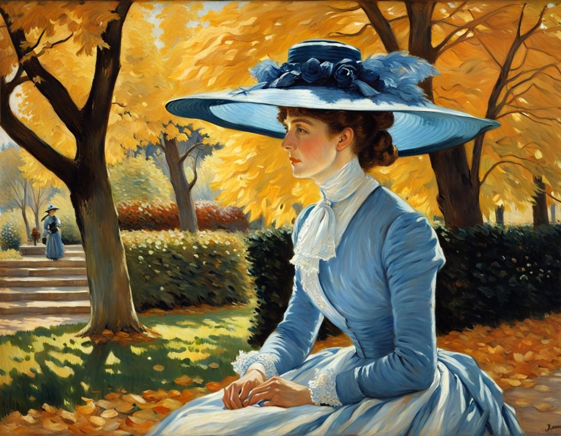 Autumn Garden Lady in Blue Hat, Oil Painting