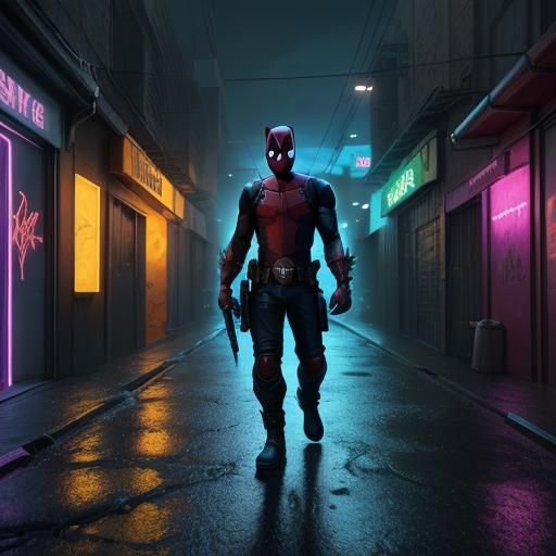 Deadpool in Neon Alley: Digital Art Marvel