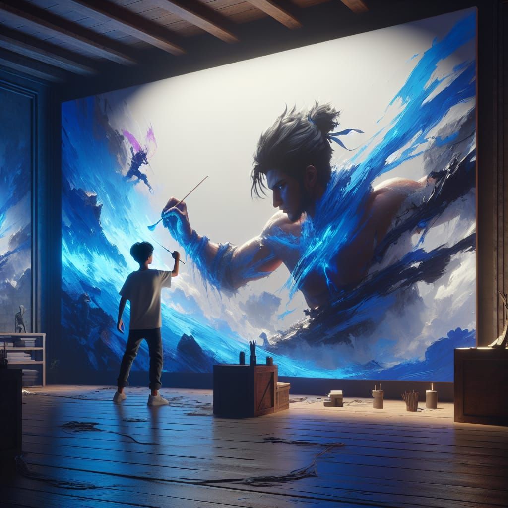 Boy Painting Blue Shades: 3D Game Cinematic