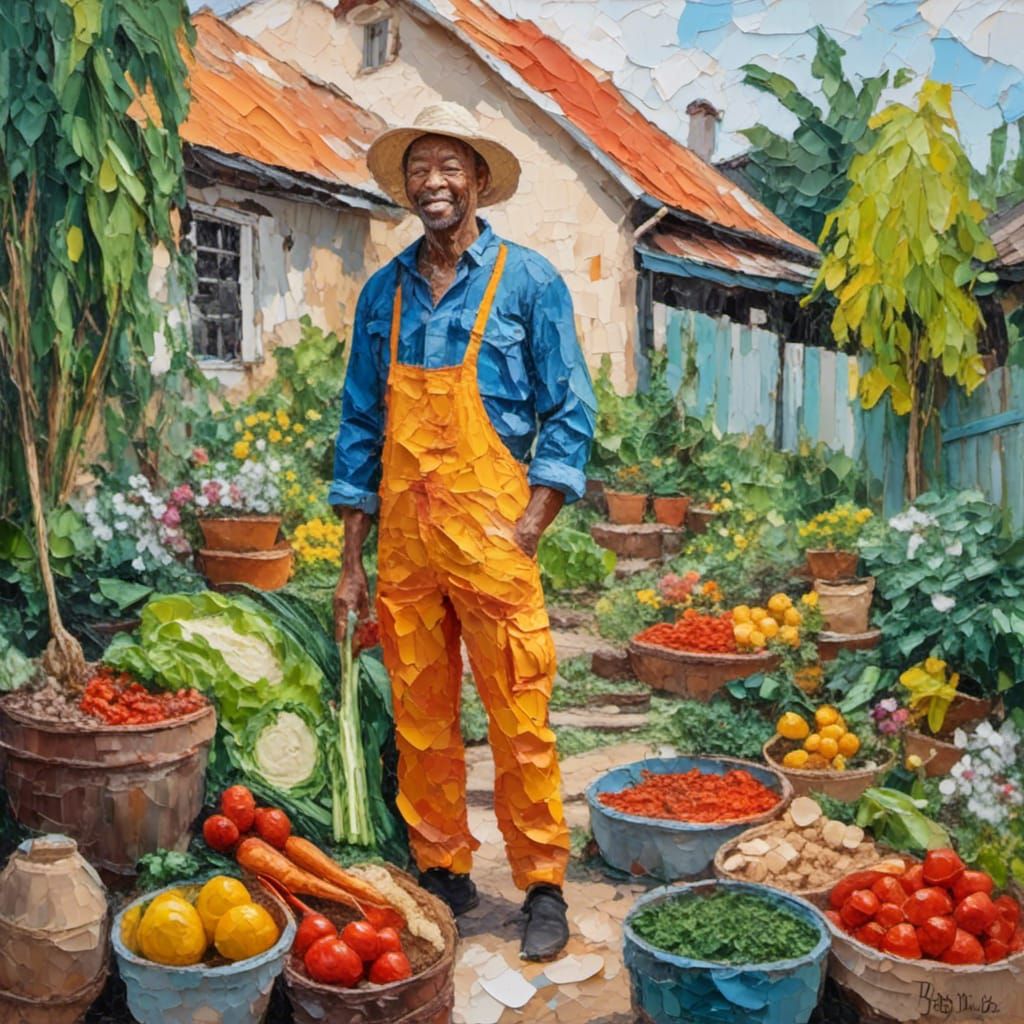 Man in Overalls with Vegetables: Impasto Style