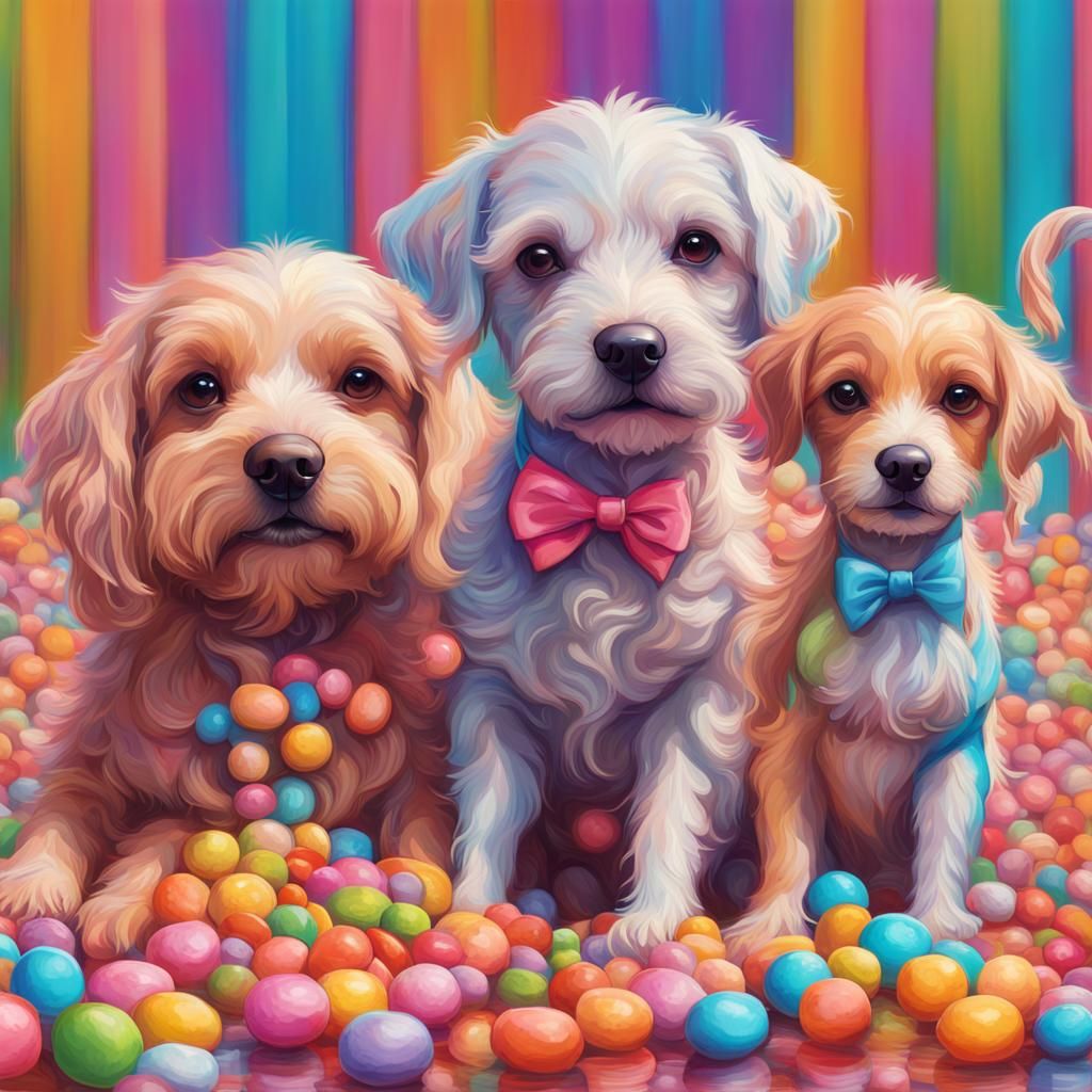 Whimsical Candy Dog Family in Impressionist Style