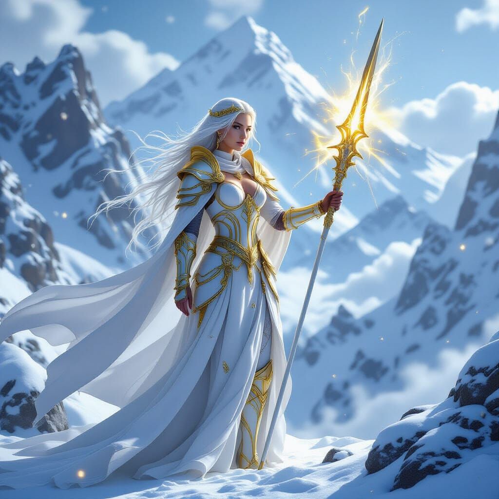 Divine Knight Lady on Snowy Peak with Heavenly Spear