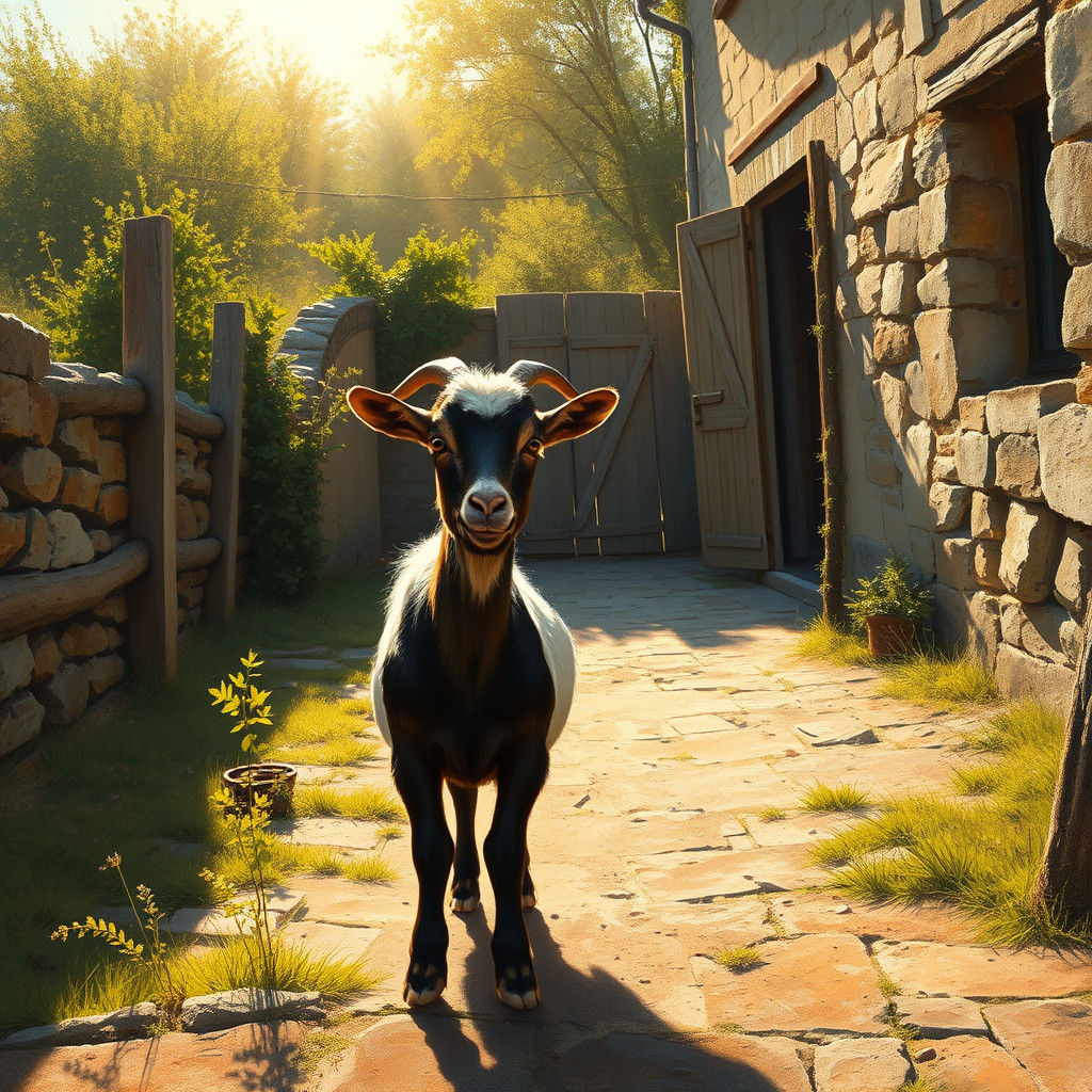 Pygmy Goat in Rustic Farmyard, French Realism Style