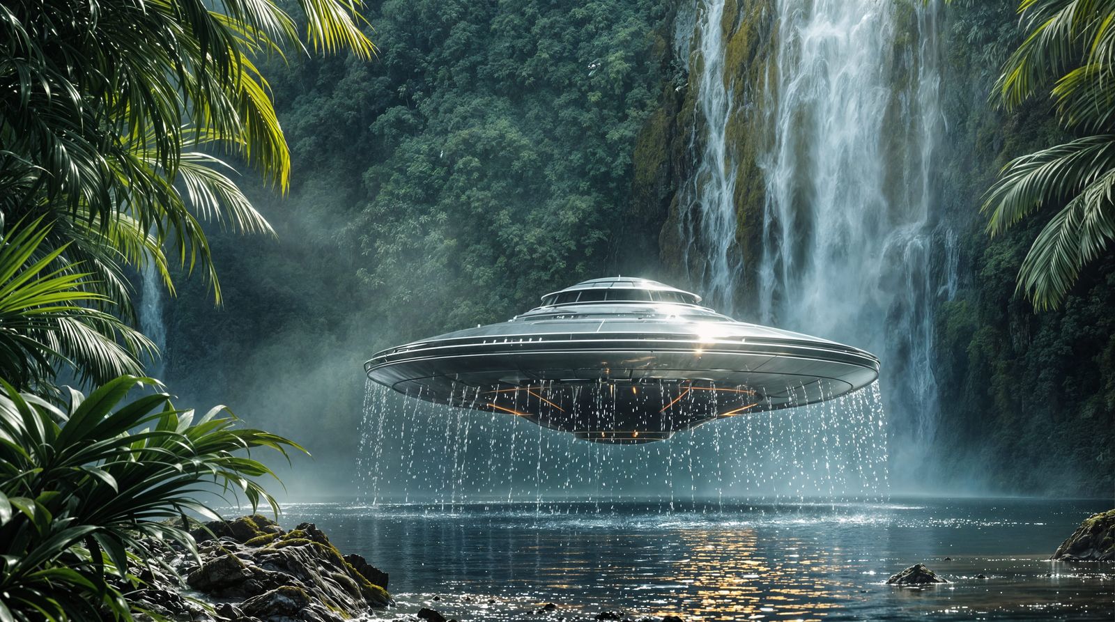 Mystical UFO Emerges from Tropical Waterfall