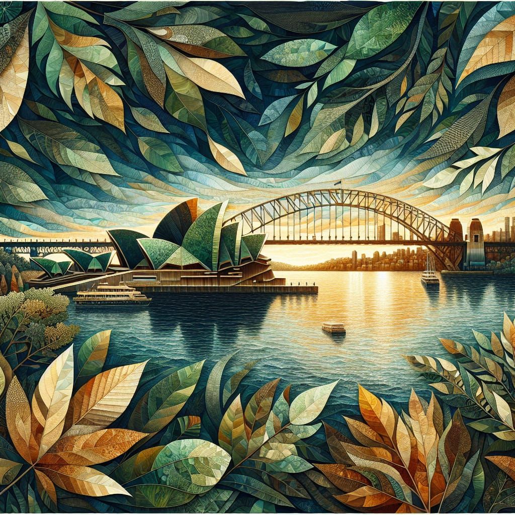 Sydney Harbour in Leafy Collage Style