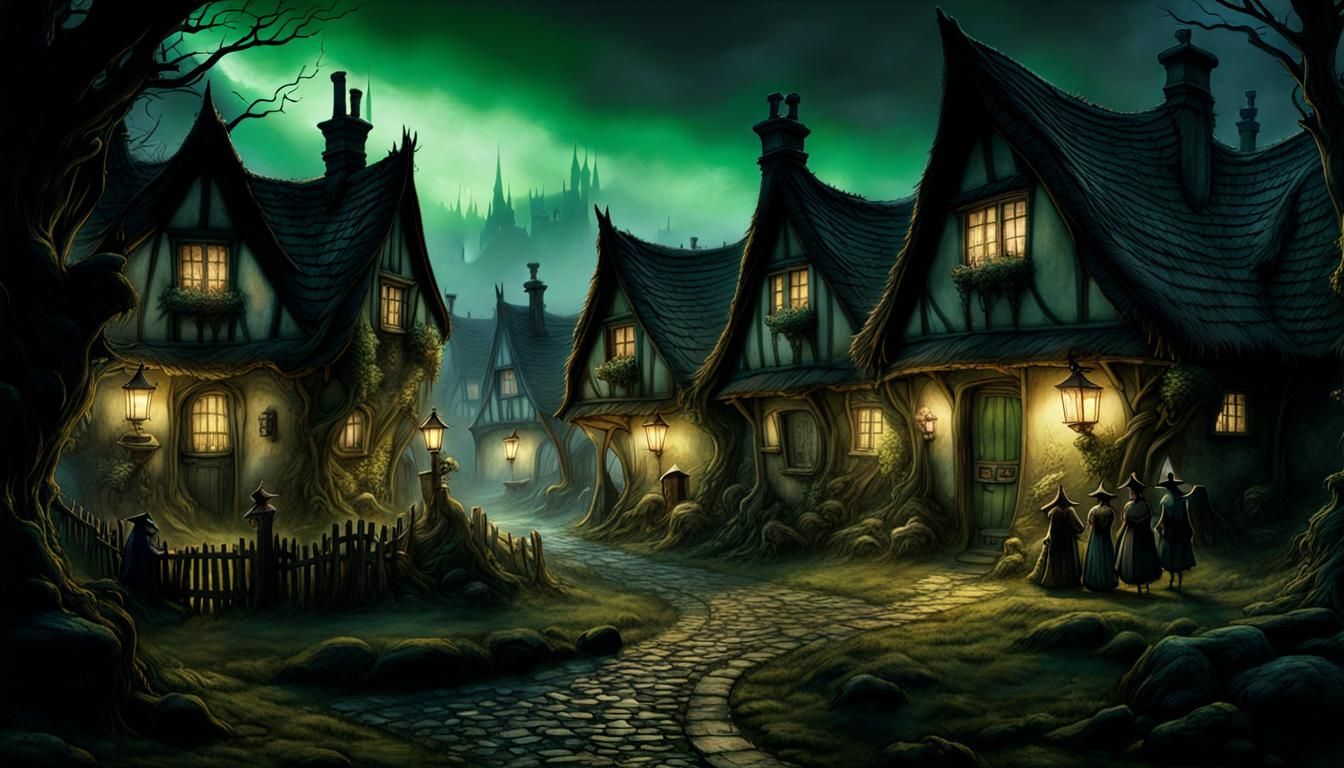 Eerie Country Village of Witches in Dark Fantasy Style