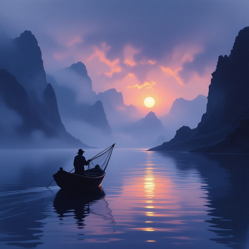 Misty Twilight Sea with Fisherman in Painterly Style