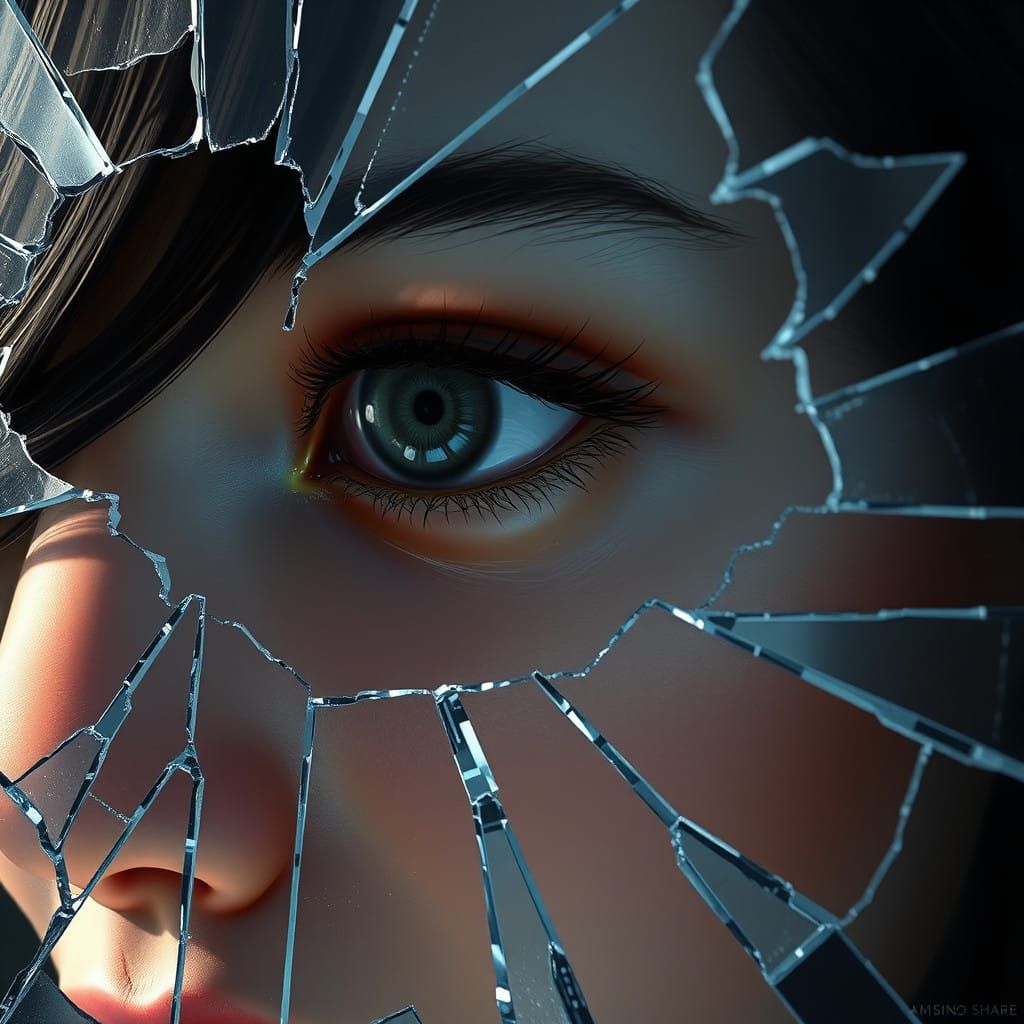 Cinematic Close-up of a Young Woman's Face Amid Broken Glass