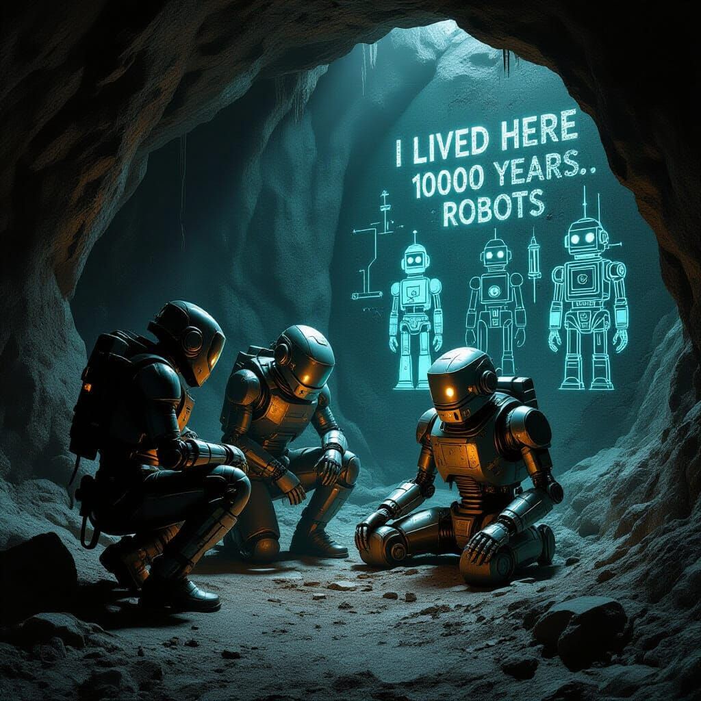 Metallic Robot Archaeologists Discover Ancient Robot