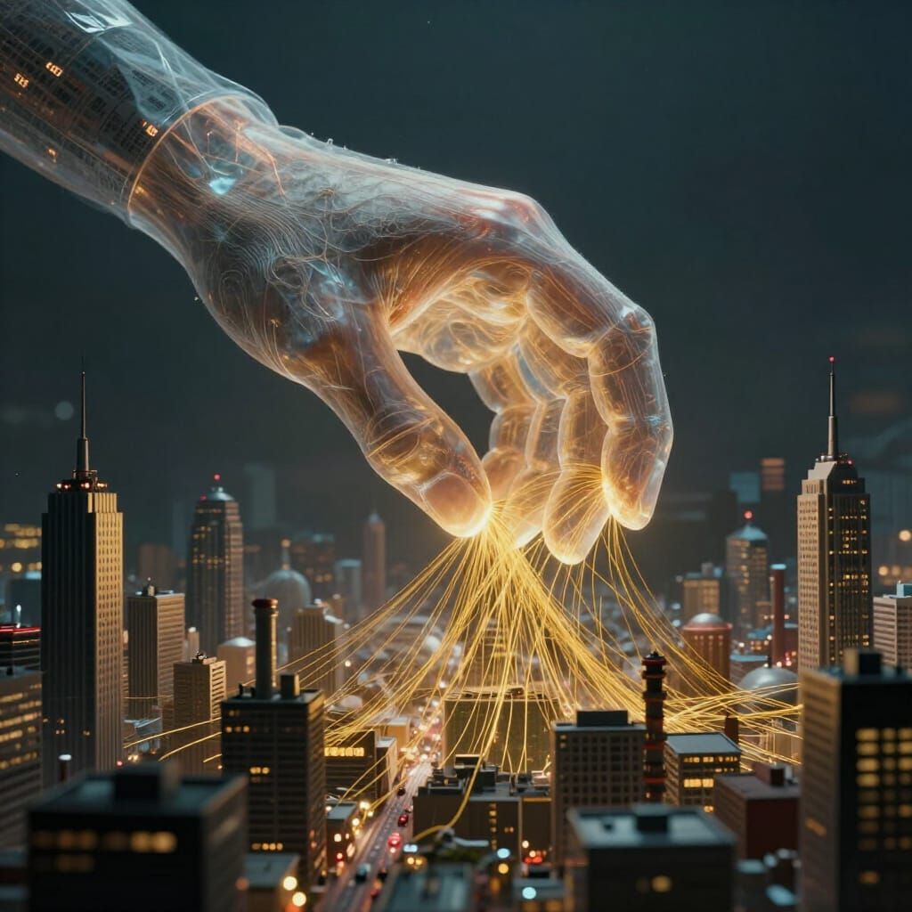 Golden Hand Weaving Chaotic Cityscape, Economic Metaphor