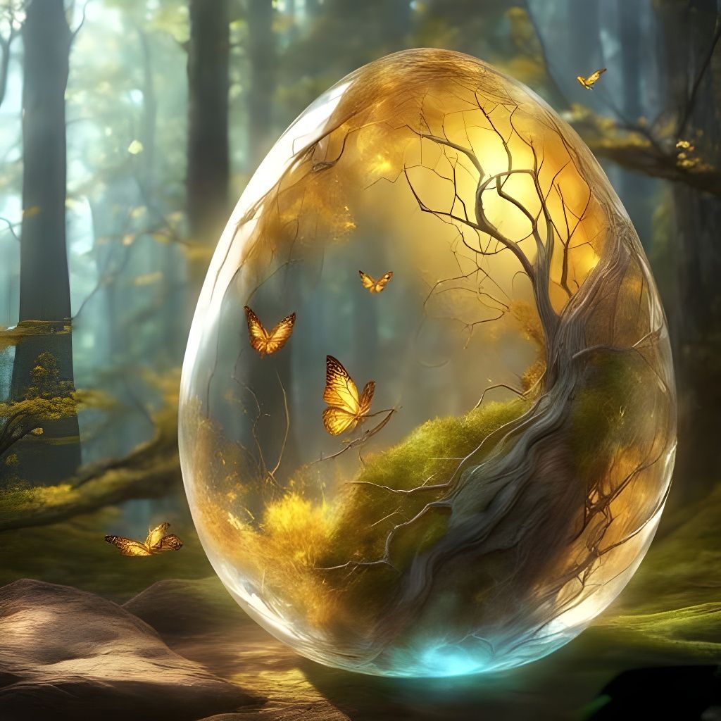 Fairy in Fractal Egg, Bioluminescent Forest Scene