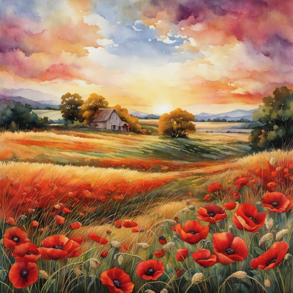 Vibrant Poppies in a Whimsical Wheat Field