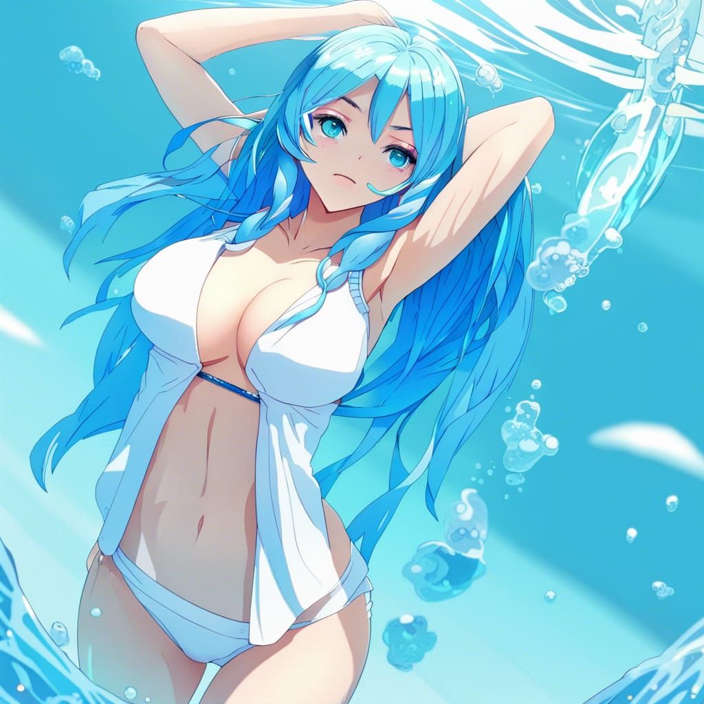 Anime Water Goddess in Bikini with Blue Hair