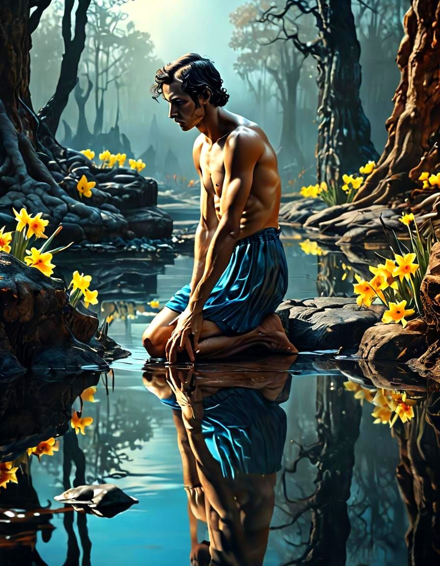 Narcissus's Transformation: Surreal Reflection in Stone