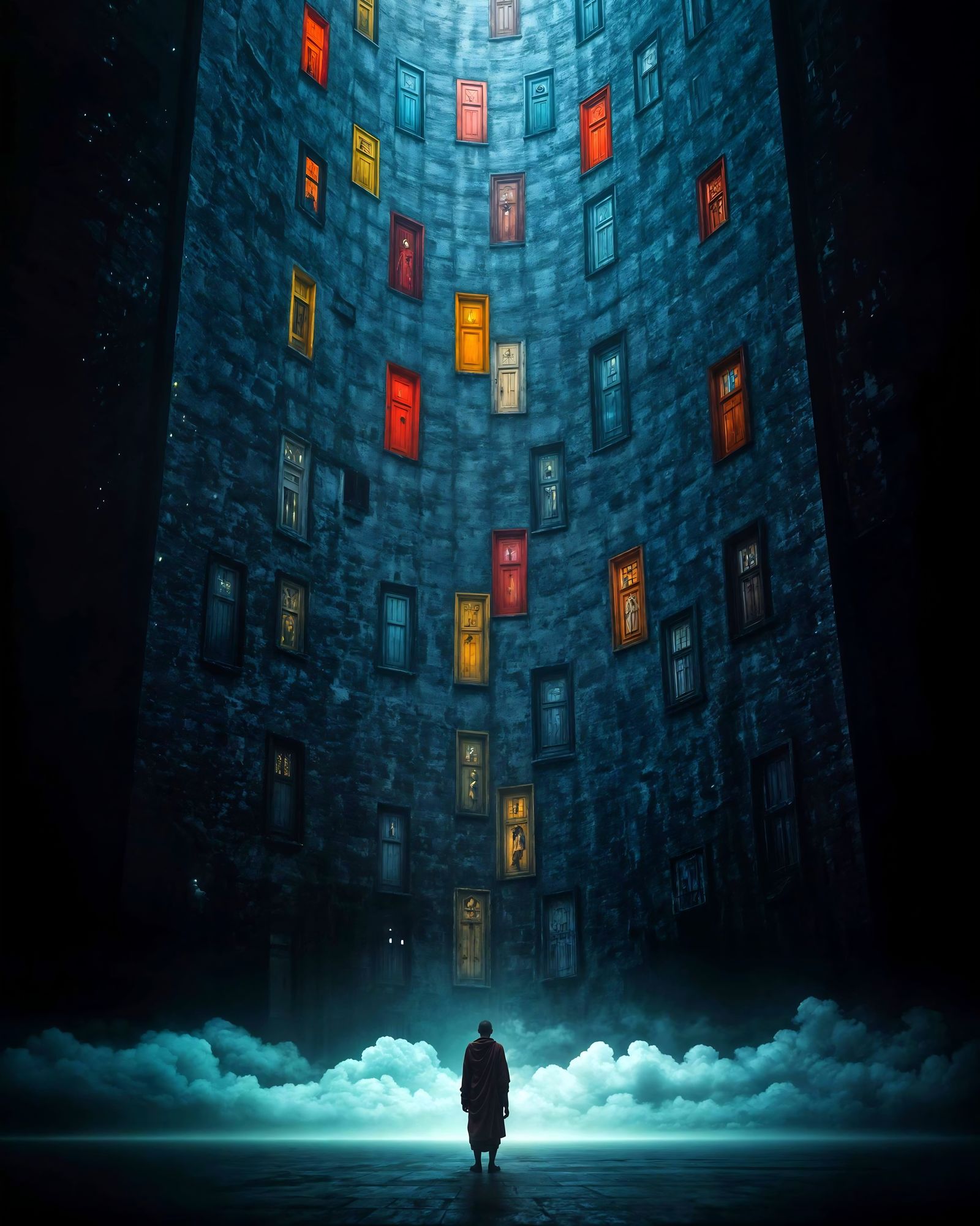 Alien Monk and Brutalist Tower with Baroque Doors