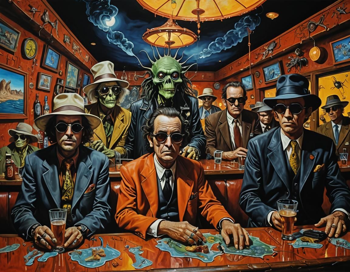 Monstrous Bar Scene in Burtonesque Dali-Giger Style