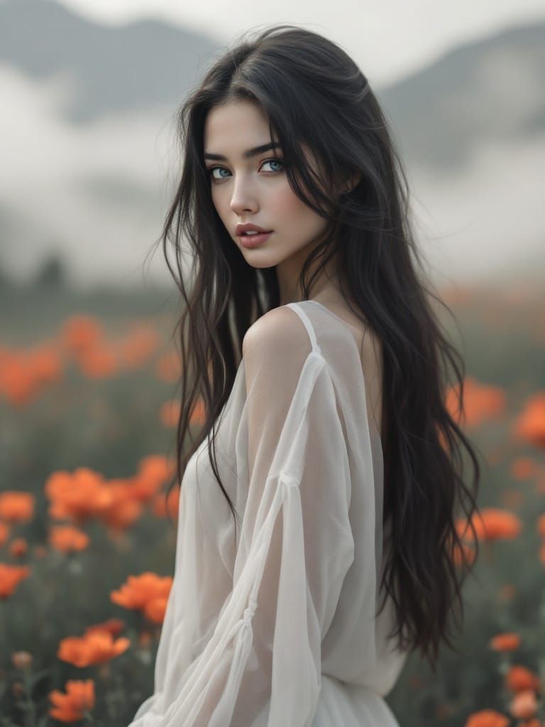 Ethereal Young Woman in Faded Greyscale with Vibrant Orange ...