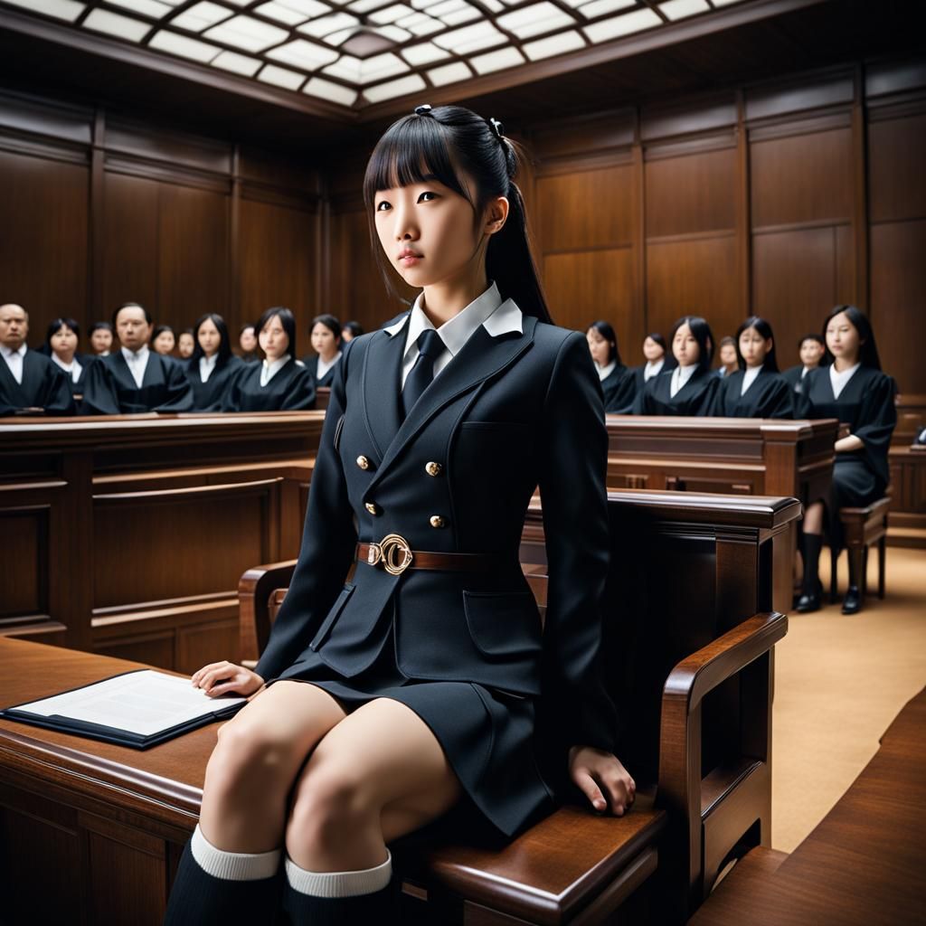 Young Girl in Courtroom Scene: Hyperrealistic Image
