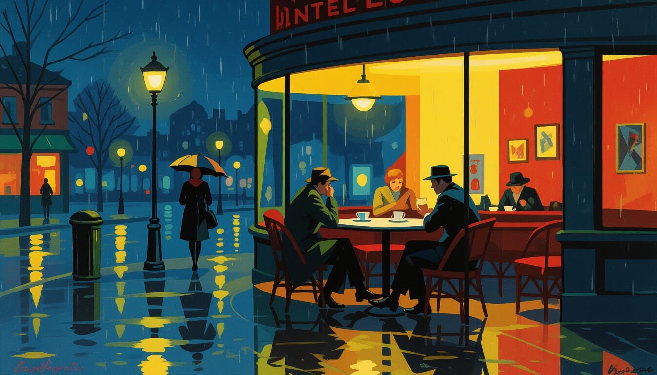 Lonely Cafe at Night in Edward Hopper Style
