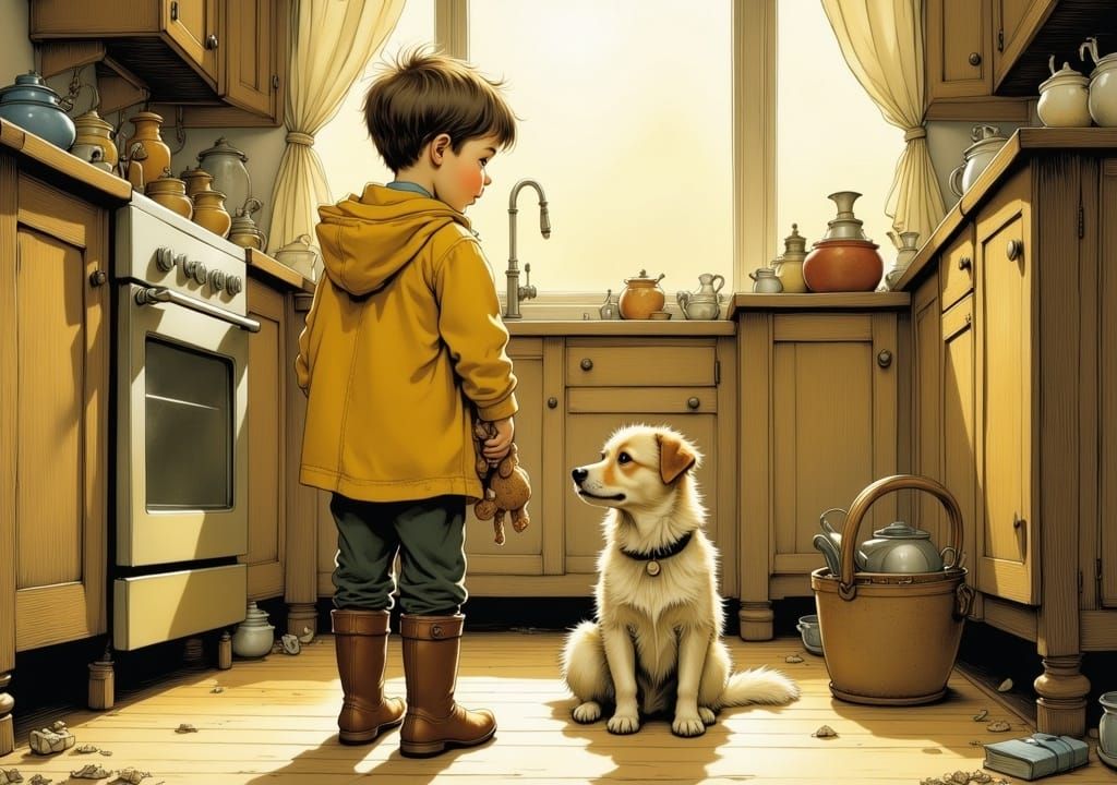 Toddler and Dog in Cozy Kitchen