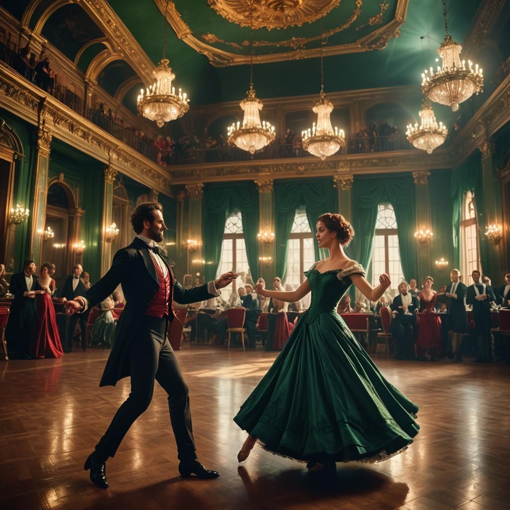 Couple Waltzing in Opulent 19th Century Ballroom