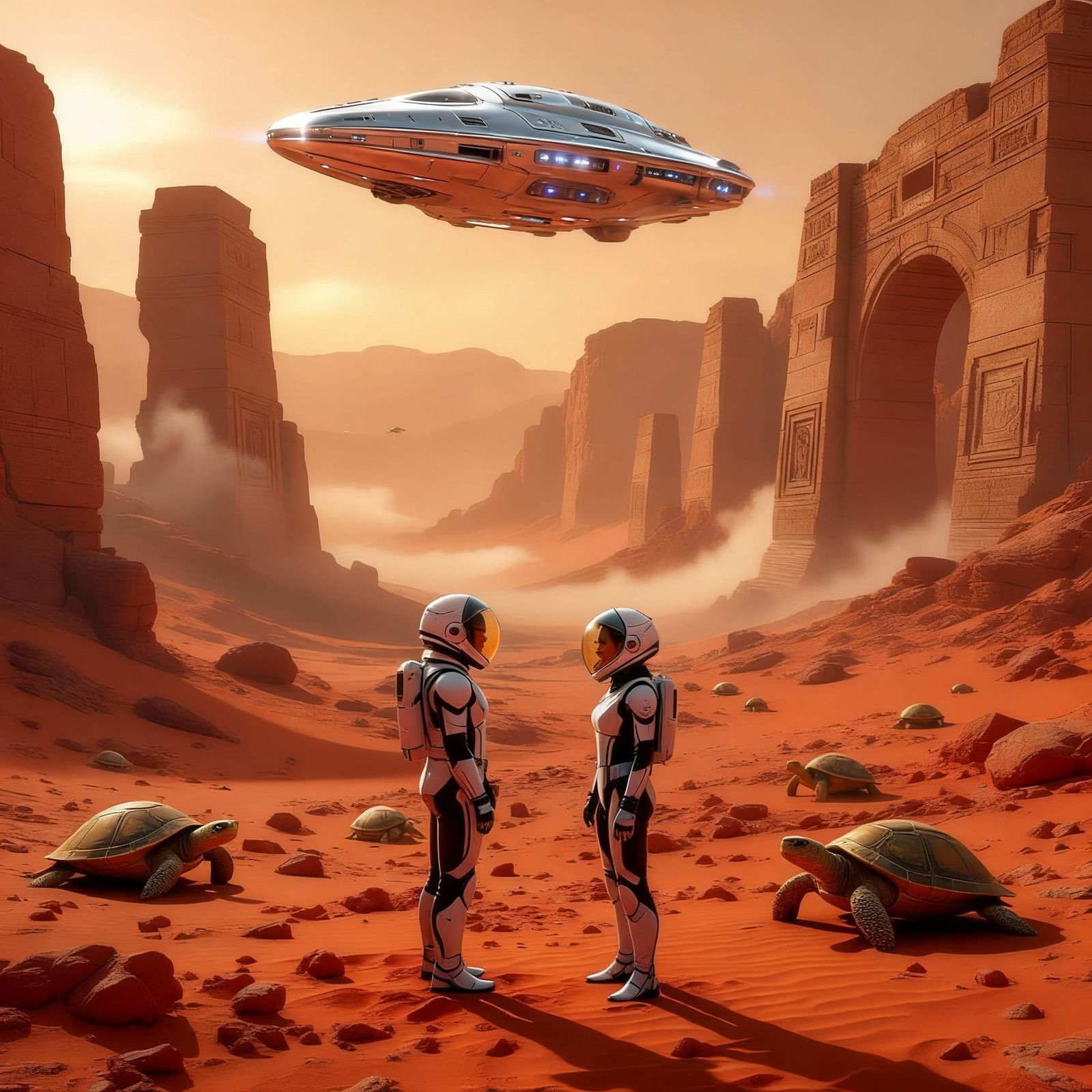 Futuristic Fantasy Scene on Mars: Ancient Ruins and Figures