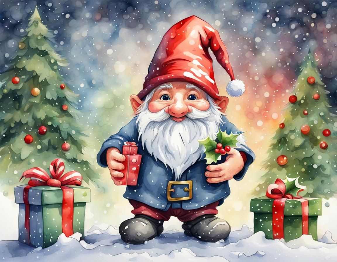 Cute Christmas Gnome Watercolor Painting