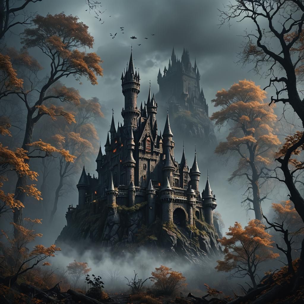 Haunted Castle in Foggy Woods: Fantasy Concept Art