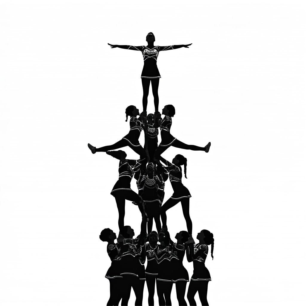 Intricate Cheer Pyramid in Black and White Illustration