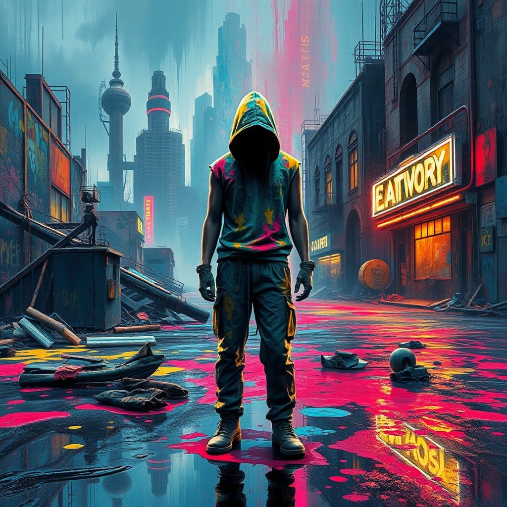 Dystopian Figure in Vibrant Graffiti Street Art