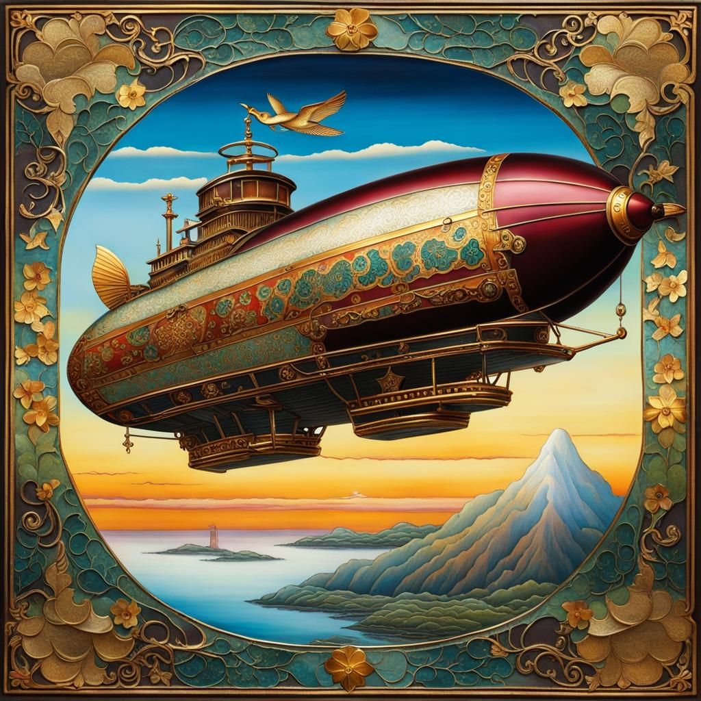 Steampunk Airship in Enamel Lacquer Style