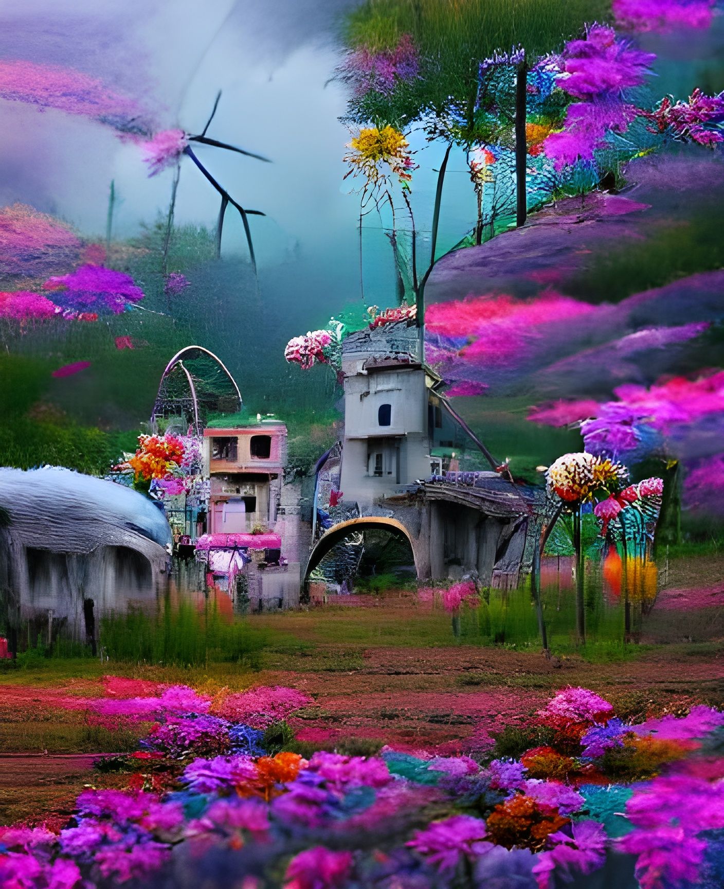 Whimsical Fairy Town in Post-Apocalyptic Flower Meadow
