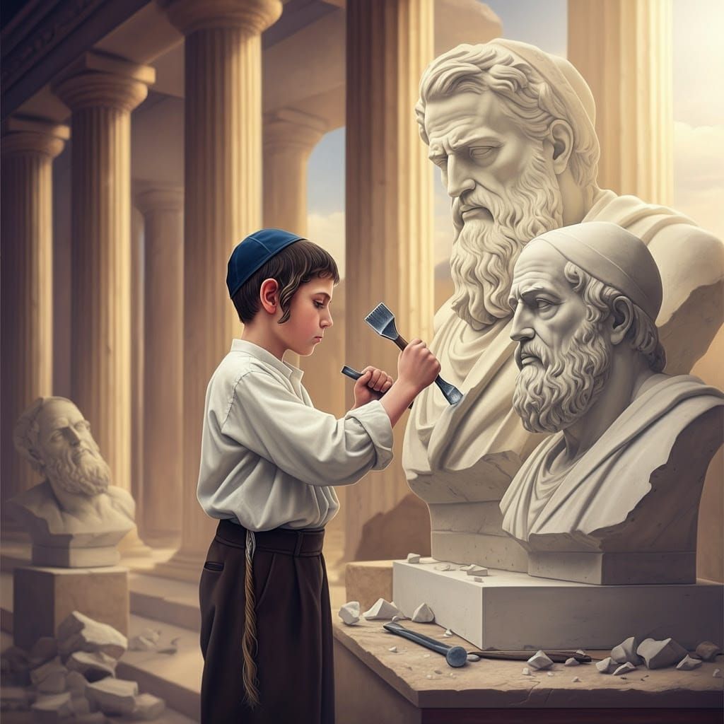 Classical Greek Sculptor Chiseling Torah Scholar Statue