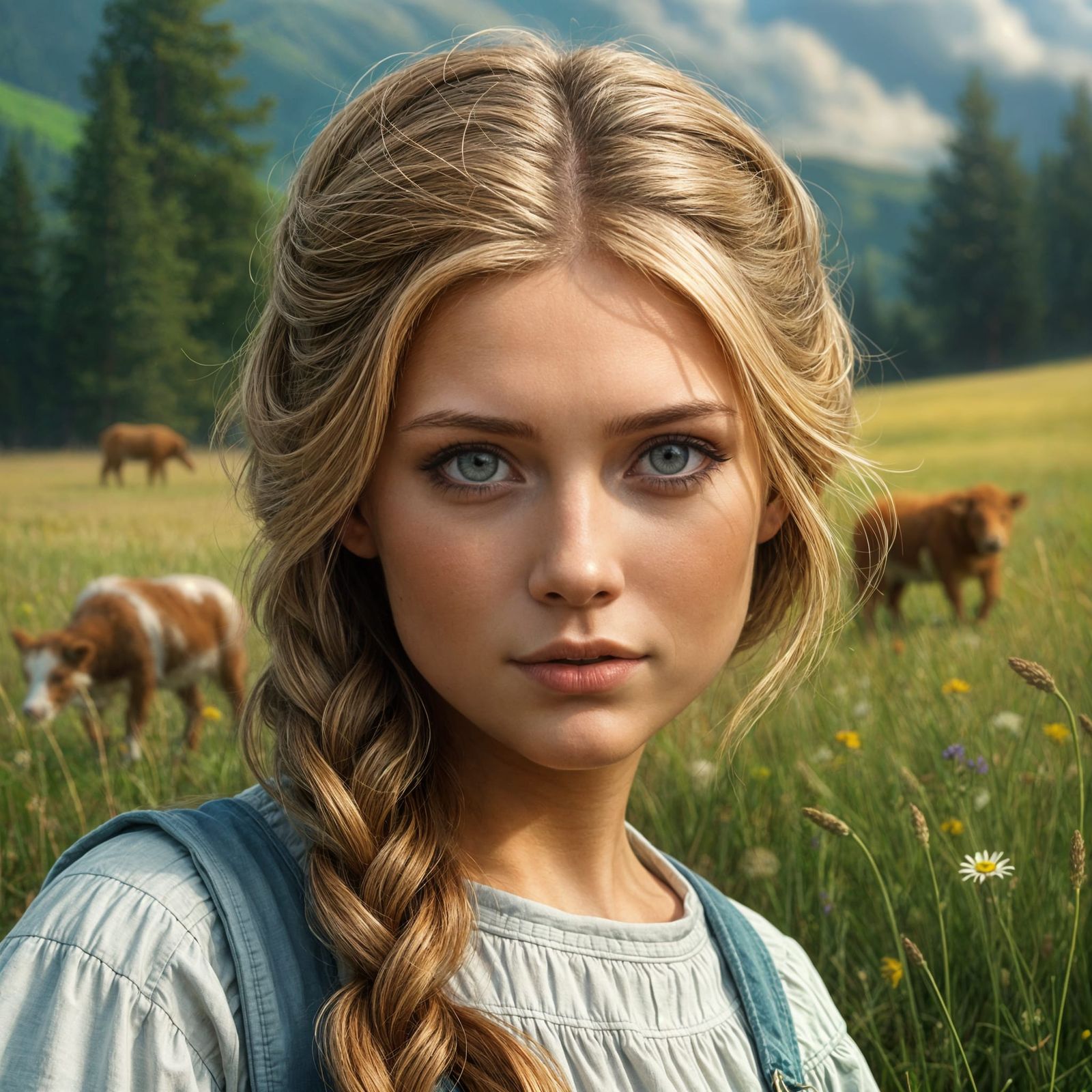Realistic Portrait of Young Girl in a Serene Meadow
