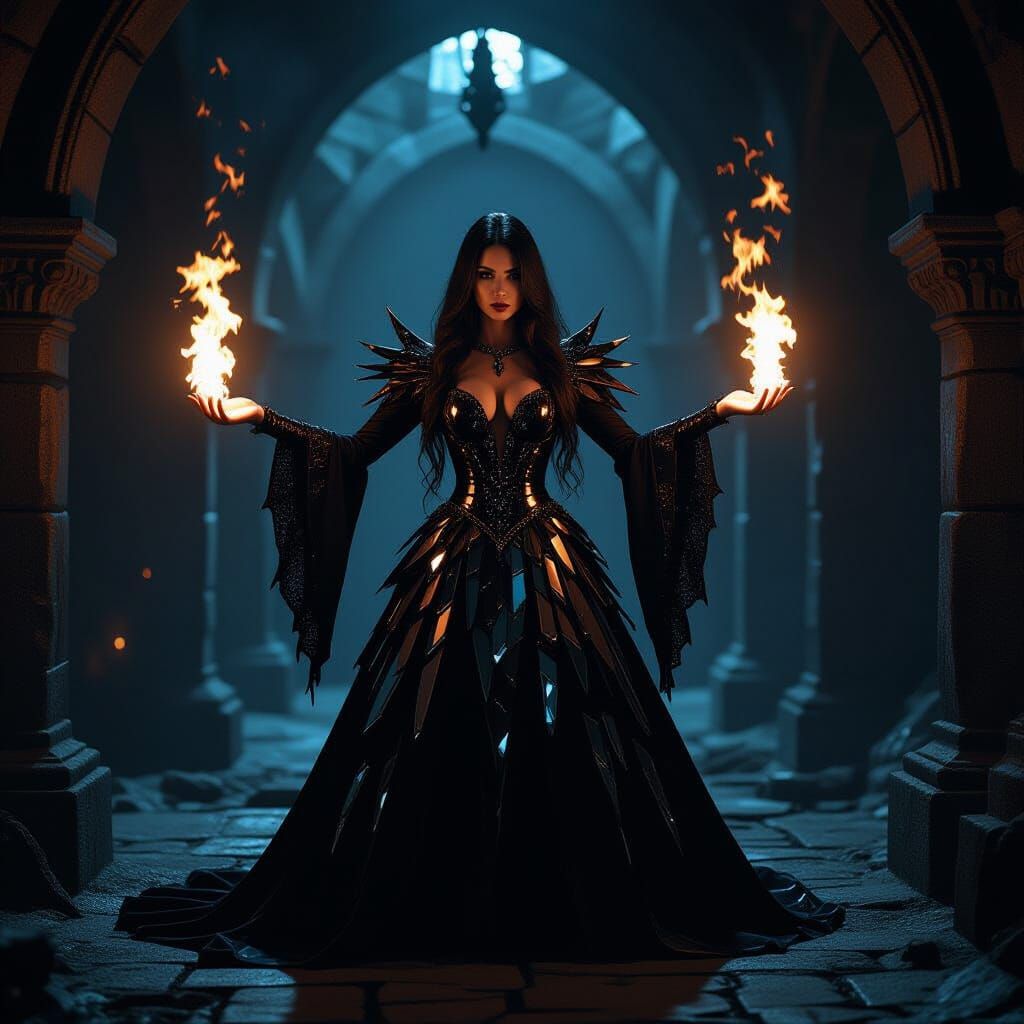 Mage in Mirror Dress Casting Fire in Dark Dungeon