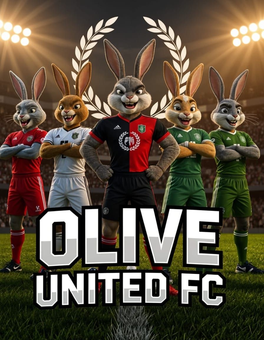 Olive United FC Football Poster with Rabbits in Uniform