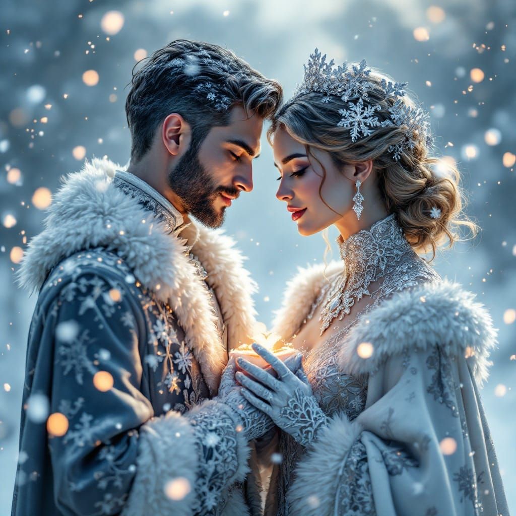 Regal Couple Exchange Heart-Shaped Snow, Winter Wonderland