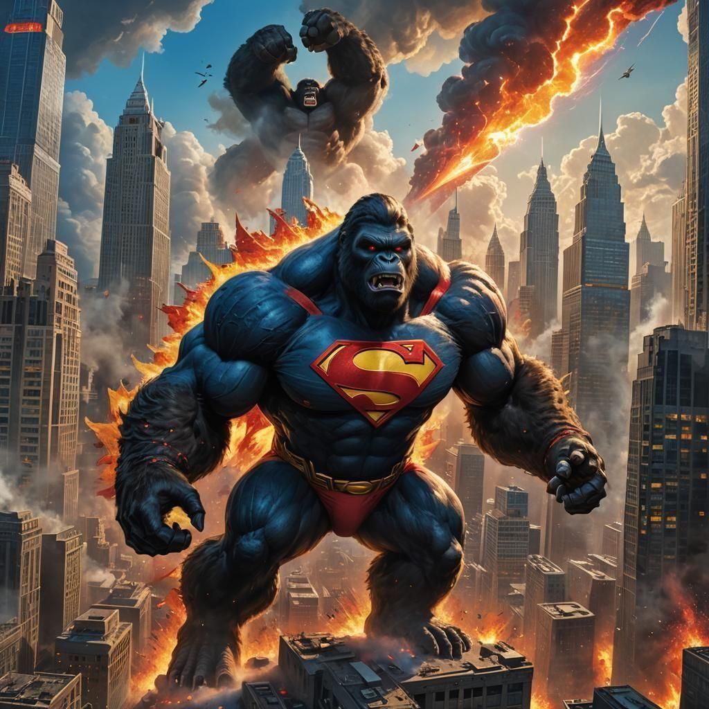 King Kong Battles Superhero in Detailed Digital Art