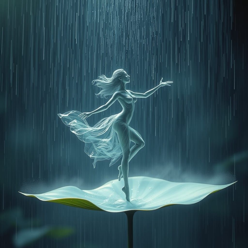 Ethereal Water Woman Dances on Leaf in Futuristic Rainstorm