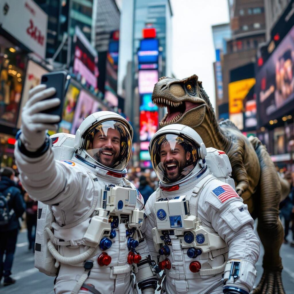 Astronaut Takes Selfie With Dinosaur in Times Square