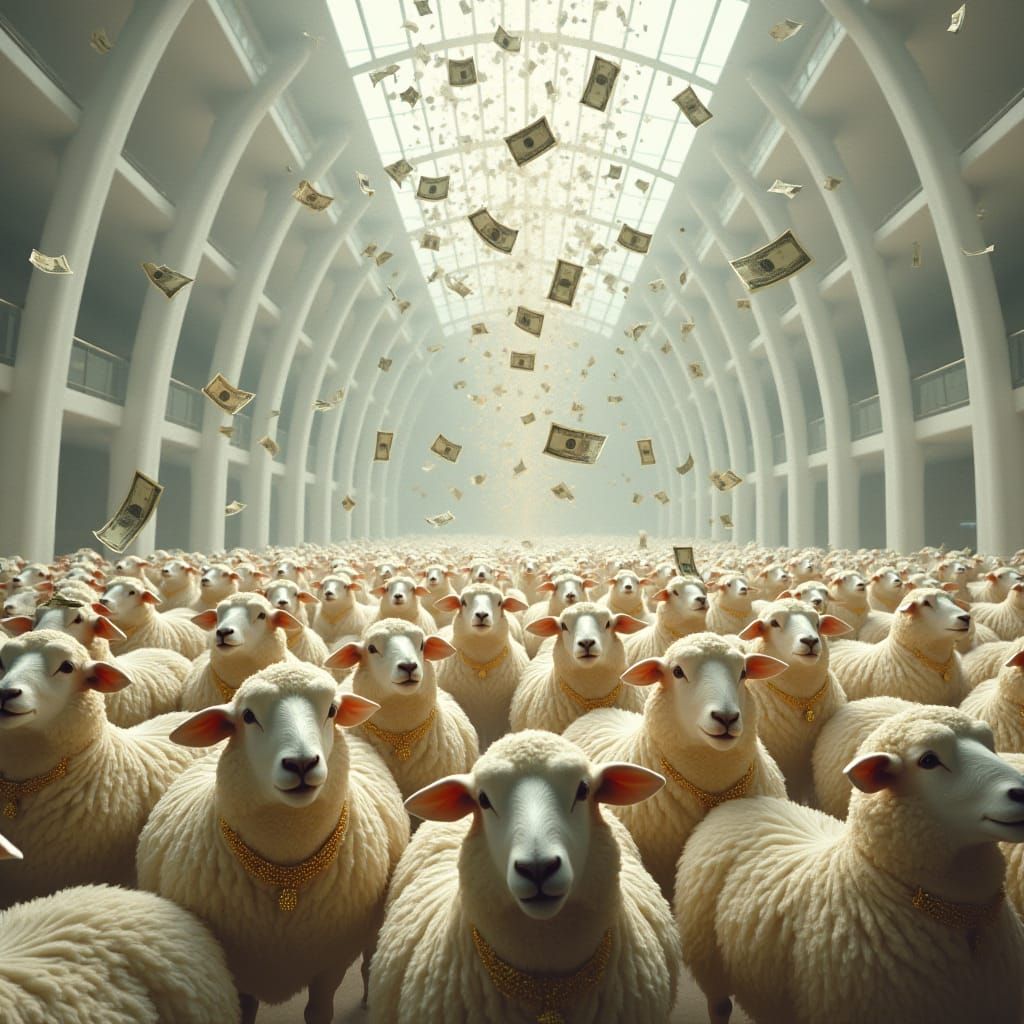 Surreal Mega Church Filled with Sheep and Falling Money