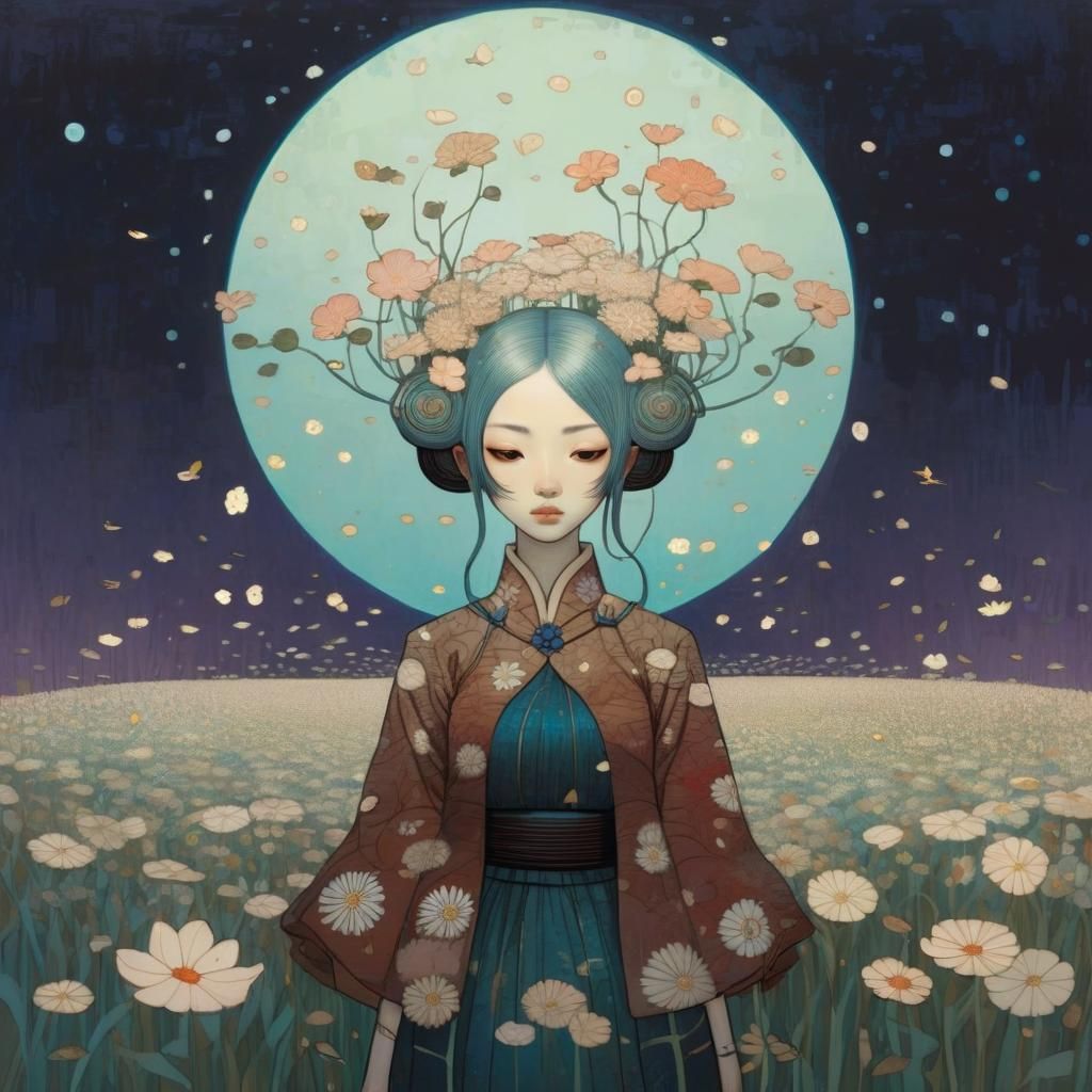 Princess in Flower Field, Contemporary Illustration