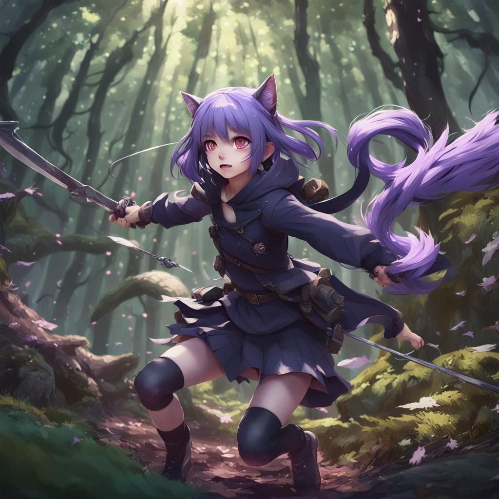 Catgirl Fighting Monsters in Forest: 3D Anime Art
