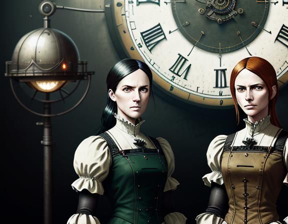 Steampunk Twins in Time Machine: Dark Fantasy Art
