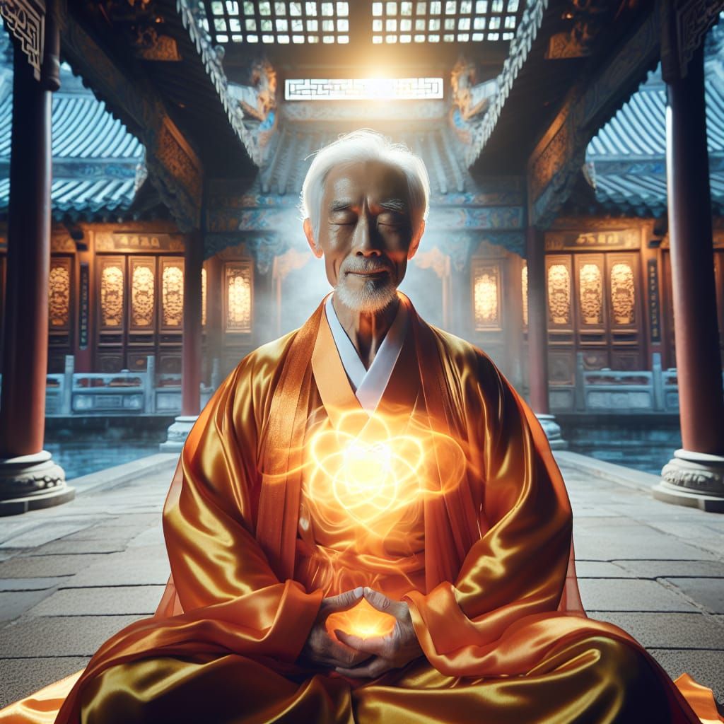 Wise Chinese Sage Radiates Inner Peace in Traditional Temple