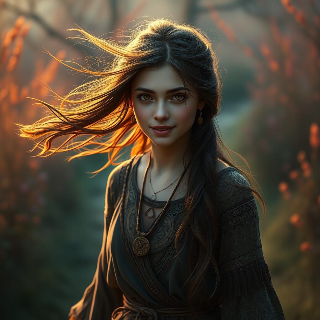 Serene Fantasy Maiden Walks Down Mystical Path